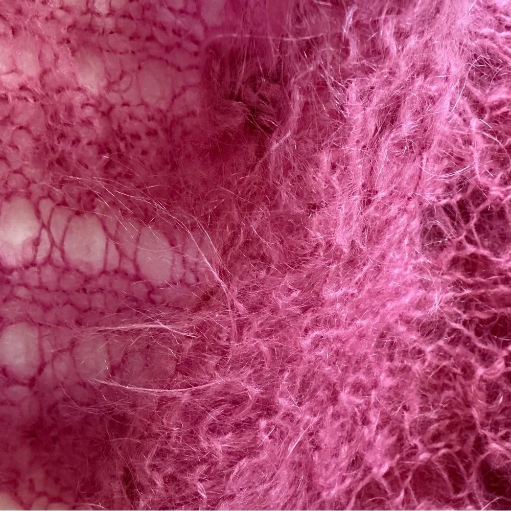Vintage Mohair Lace Throw / Shawl – Raspberry Pink – Fringe Edges 60”x42”